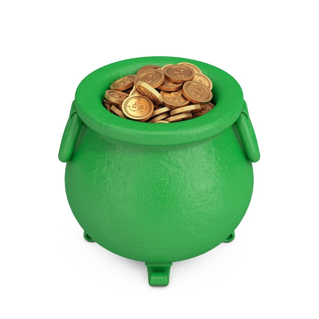 Photo green iron cauldron pot full of golden coins on a white background 3d rendering