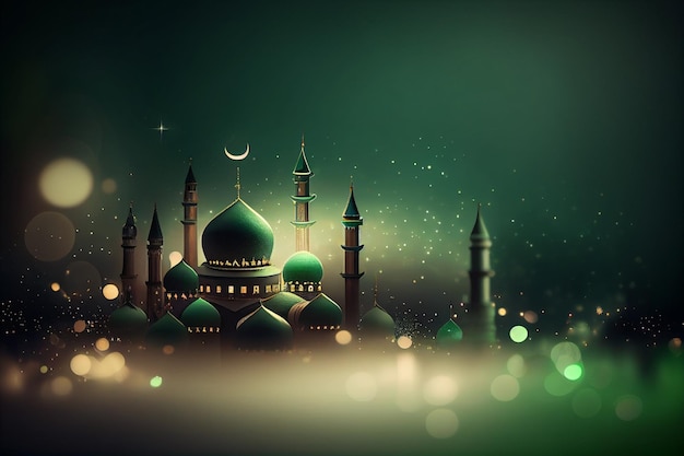 Green Islamic background with mosque crescent moon and lights illustration generative ai