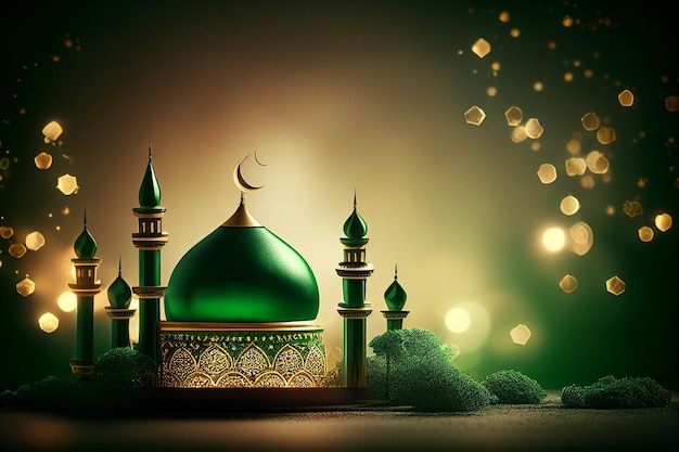 Green Islamic background with mosque crescent moon and lights illustration generative ai