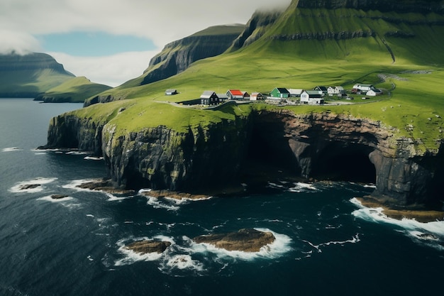 A green island with houses on the cliff