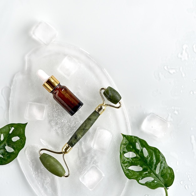 Green jade face roller, essential serum on ice with ice cubes and exotic leaves. Monstera Adansonii leaves on white background. Beauty facial massage with home made moisturizer flat lay, text space.