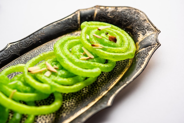 Green Jalebi mithai or sweet from India a Twist to a traditional imarti or jilbi