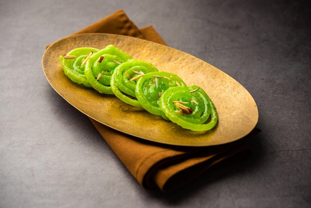 Green Jalebi mithai or sweet from India a Twist to a traditional imarti or jilbi