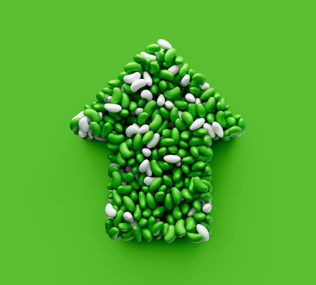 Green jellybean making up Arrow on isolated background 3d illustration