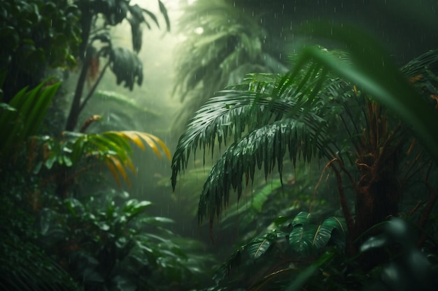 Green jungle leaf in rain nature background illustration Generative AI