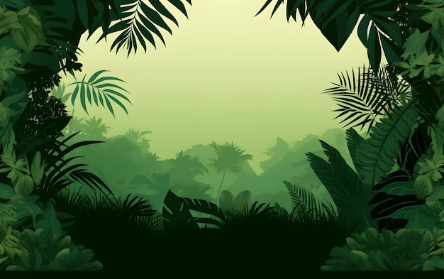 A green jungle scene with tropical leaves and a jungle background