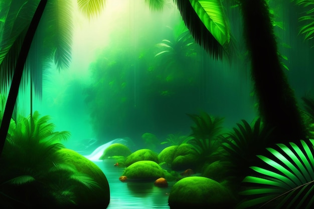 A green jungle with a river and a waterfall