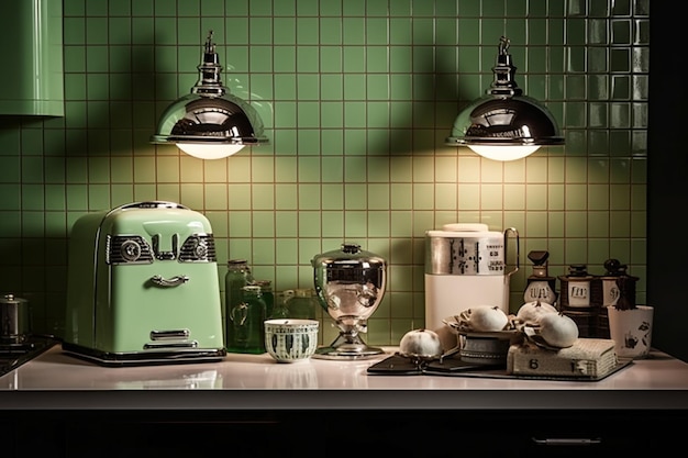 A green kitchen with a green kitchen island with a green kitchen island and a blender with a white blender on the counter.