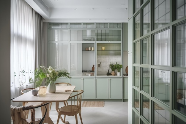 A green kitchen with a table and chairs and a window that says'green kitchen '