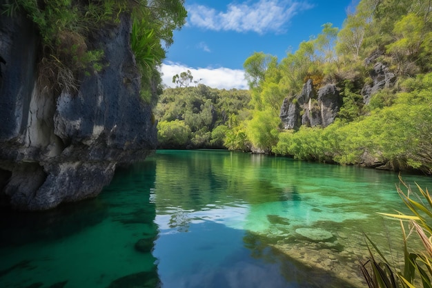 A green lake with a blue water and trees in the background