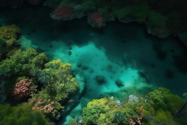 A green lake with trees and a blue sky