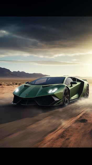 Green lamborghini on the road in the desert