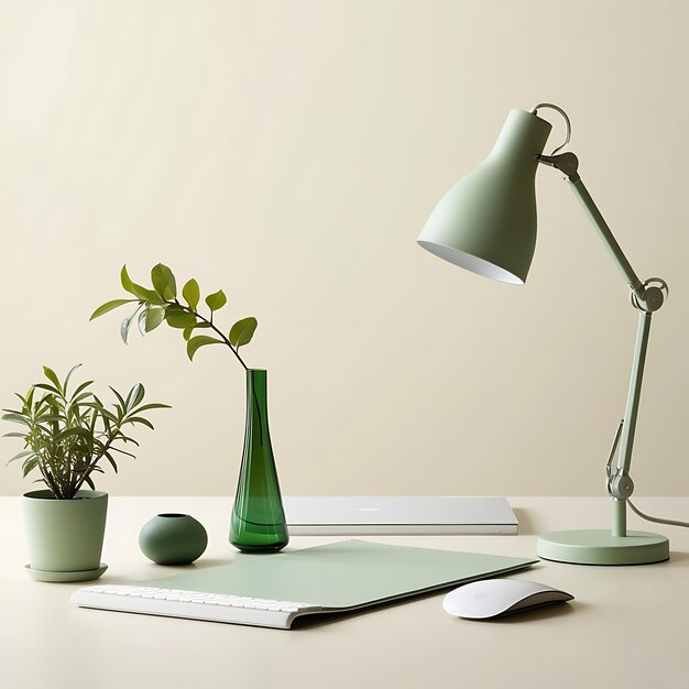 Photo a green lamp and a plant on a table with a book on it