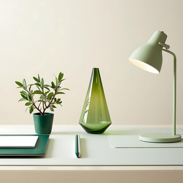 Photo a green lamp and a plant on a table with a book on it