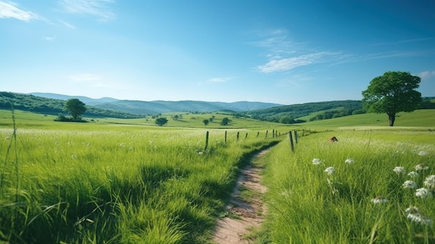 Green land background under blue sky