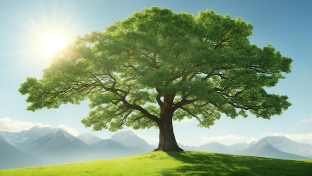 Green landscape with a big tree green leaves and grass mountain and nice sky