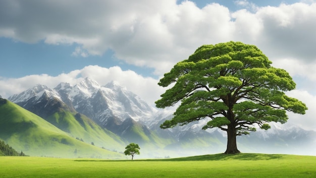 Green landscape with a big tree green leaves and grass mountain and nice sky