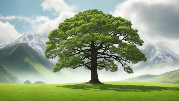 Green landscape with a big tree green leaves and grass mountain and nice sky