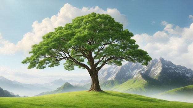 Green landscape with a big tree green leaves and grass mountain and nice sky