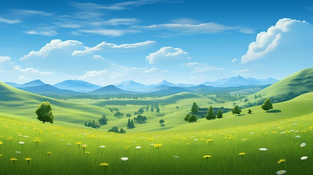 A green landscape with a field of yellow flowers and mountains.