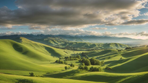 Photo a green landscape with a green valley and mountains in the background