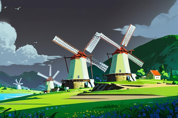 Photo a green landscape with houses and windmills