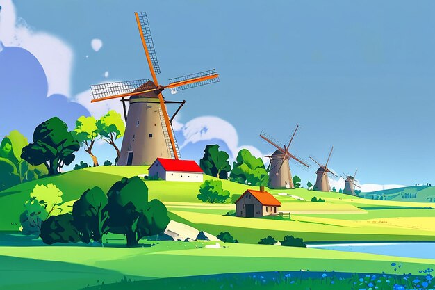 Photo a green landscape with houses and windmills