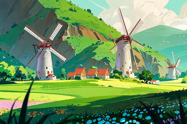 A Green Landscape With Houses and Windmills