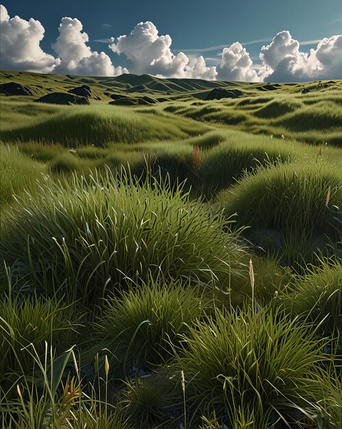 Photo a green landscape with mountains and clouds in the background