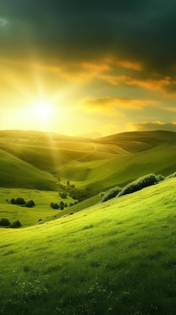 A green landscape with a sunset and the sun shining through the clouds