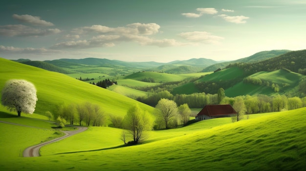 A green landscape with a tree in the foreground and mountains in the background