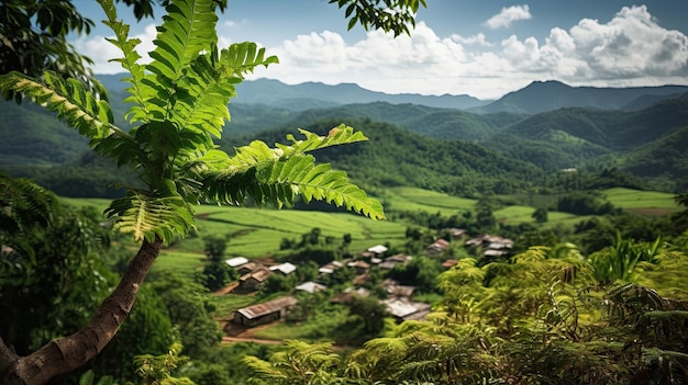 a green landscape with trees and buildings