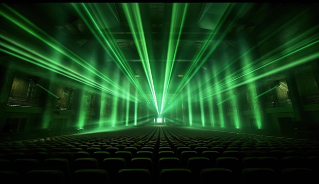 A green laser beam is lit up in a theater.