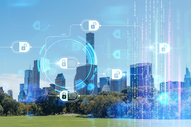 Green lawn at Central Park and Midtown Manhattan skyline skyscrapers at day time New York City USA Decentralized economy Blockchain cryptography and cryptocurrency concept hologram