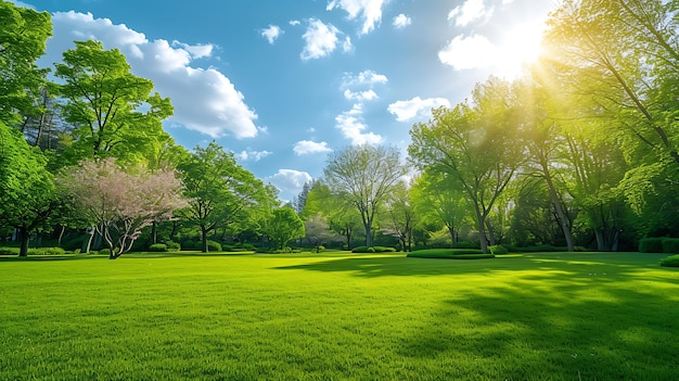 a green lawn with a blue sky and clouds in the background