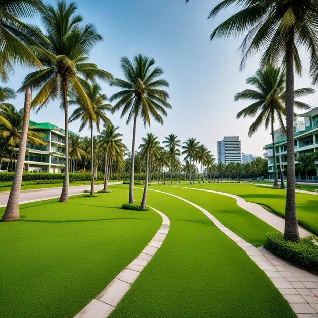 a green lawn with palm trees and a walkway leading to the beach