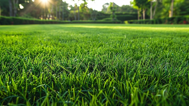 Photo a green lawn with the sun shining through the trees