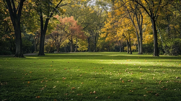 a green lawn with a yellow and red tree in the background