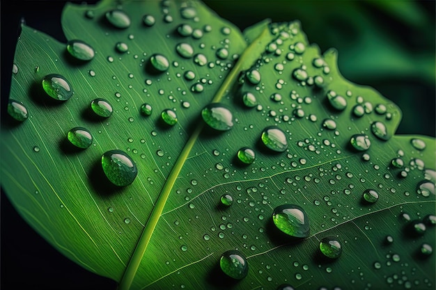 Green leaf background close up view with dew drops on leaves Nature foliage abstract of leave texture for showing concept of green business and ecology for organic greenery background Generative AI