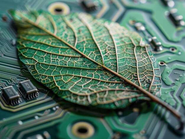 Photo green leaf on circuit board nature meets technology