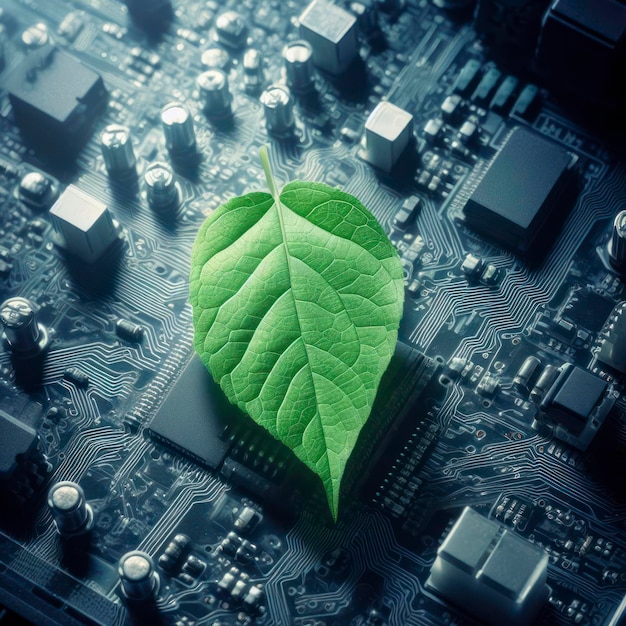 Green leaf over circuit board technology and sustainability concept ai generative