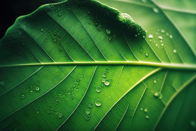 Green leaf covered with morning rasa or raindrops AI