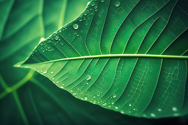 Green leaf covered with morning rasa or raindrops AI