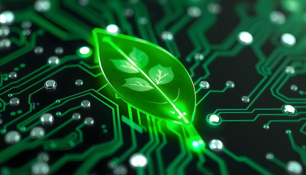 Photo green leaf digital circuit board symbolizing sustainability concept green technology