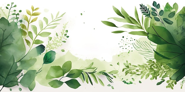 Green leaf frame empty text copy space banner template, green natural watercolor painting banner