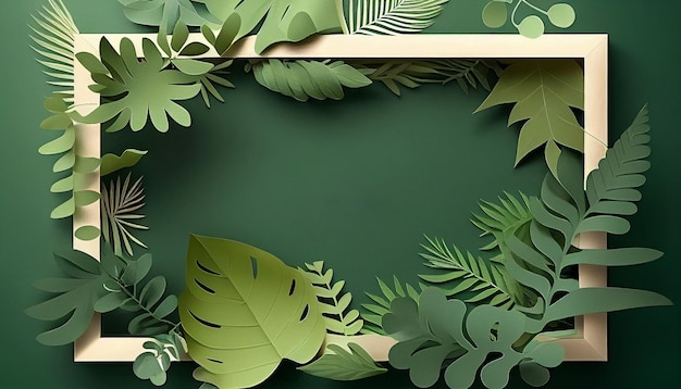 Green leaf frame mockup in paper craft style Generative AI