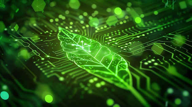 Photo green leaf glowing on a circuit board representing nature and technology