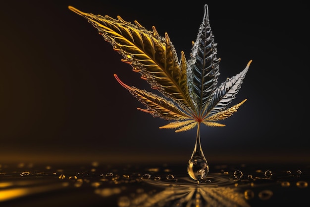 Green leaf and golden drop cbd cannabis oil illustration Generative AI