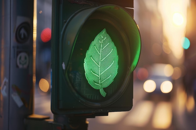 Green Leaf Icon on a Traffic Light Symbolizing Sustainability