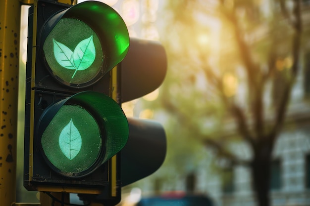 Green Leaf Icon on a Traffic Light Symbolizing Sustainability